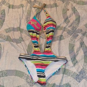 Colorful Medium Striped Rocawear Backless One Piece Bathing Suit